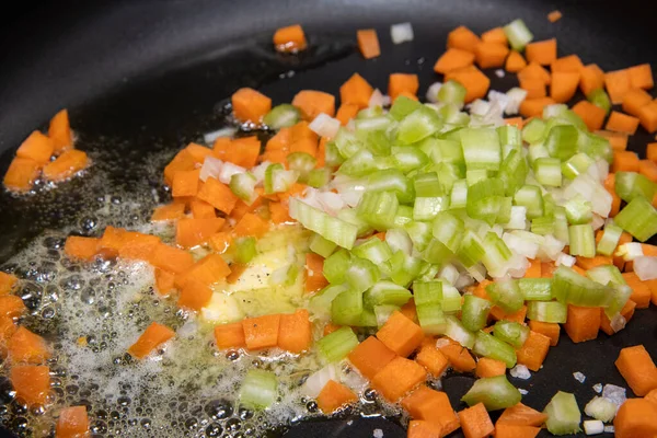 Выбор Смешанных Ингредиентов Приготовления Жарки Кастрюле Включая Морковь Весенний Лук — стоковое фото