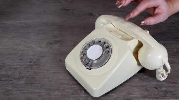 Elegant Woman Hand Picking Putting Old Vintage Style Rotary Telephone — Stock Video