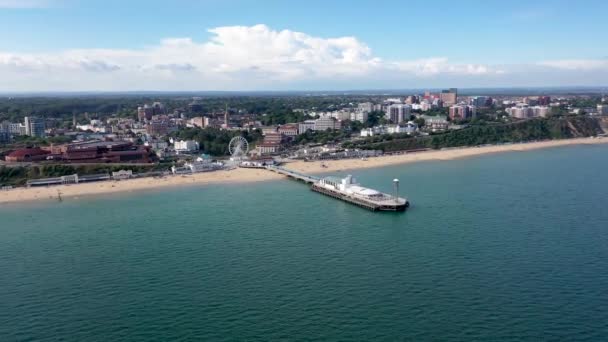 Imágenes Aéreas Aviones Tripulados Playa Bournemouth Rueda Observación Muelle Hermoso — Vídeo de stock