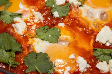 Avokado ve harissa yumurtaları büyük bir tavada kaynatılmış lezzetli bir Shakshuka tenceresi.