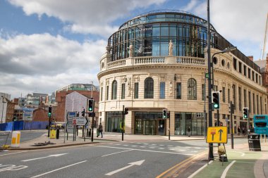 The newly built Majestic building in the Leeds City Centre showing the newly renovated building in the summer time