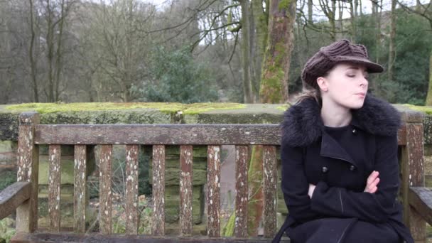 在寒冷的冬日里 公园里一个年轻貌美的女人坐在一张破旧的木制长椅上 看起来很不耐烦 很不高兴地等待着 — 图库视频影像