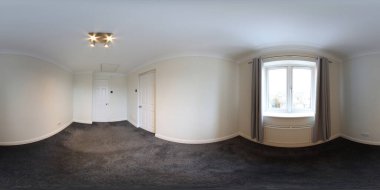 360 Derece Full Küre Yeni inşa edilmiş modern bir evin panoramik fotoğrafı İngilizlerin boş yatak odasını yeni döşenmiş bir halıyla gösteriyor
