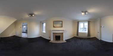 360 derece tam küre. Yeni inşa edilmiş modern bir evin panoramik fotoğrafı. Oturma odası.