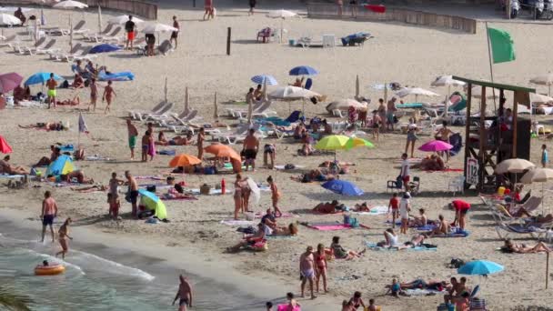 美しいビーチフロントとホテルを示すスペインの美しいビーチとスペインのバレアレス諸島の夏時間のCala Llongaのビーチの人々 — ストック動画