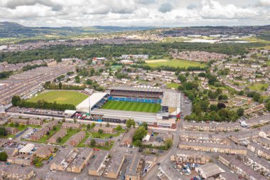 Burnley Lancashire, UK, 2nd July 2025: Aerial drone photo of the famous Burnley Football Club and grounds surrounded by suburban houses taken from above on a sunny day in the summer time