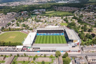 Burnley Lancashire, UK, 2nd July 2025: Aerial drone photo of the famous Burnley Football Club and grounds surrounded by suburban houses taken from above on a sunny day in the summer time