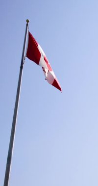 Kanada 'da açık mavi gökyüzü ve güneşli bir yaz gününde rüzgarda dalgalanan Kanada bayrağının dikey portresi