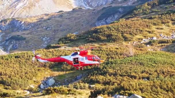 Lengyel Légimentési Szolgálat Helikopterének Indulása Tátrai Önkéntes Mentő Szolgálat Hegyimentő — Stock videók