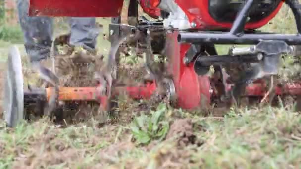 Agriculture Works Plowing Field Planting Side View Slow Motion Thickened — Stock Video