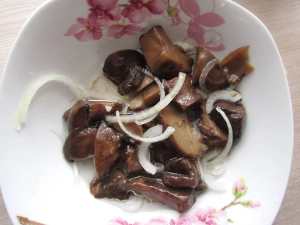 Still Life Pickled Mushrooms Onions Porcelain Plate — Stockfoto