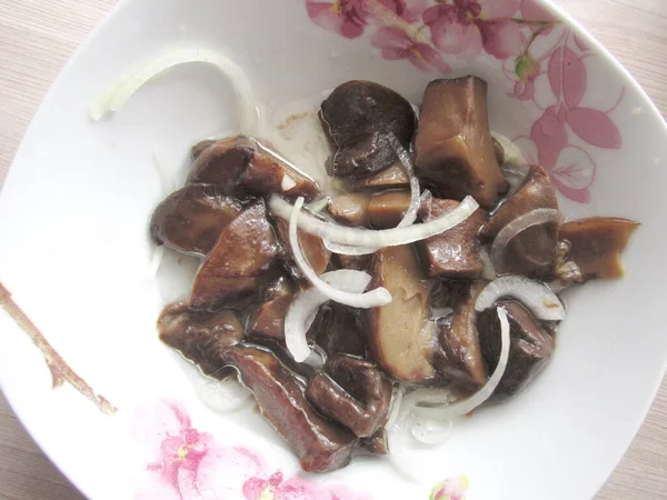 Still Life Pickled Mushrooms Onions Porcelain Plate — Stockfoto