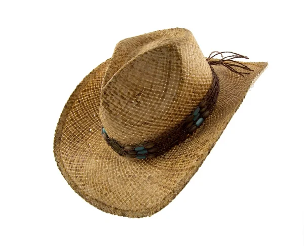 Old straw cowboy hat isolated on white — Stock Photo, Image