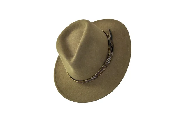 Barna zöld outback stílusú kalap lógott a toll hatband — Stock Fotó