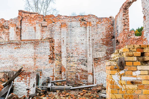 The walls of the factory building from the inside of an old glass factory of the 19th century, built in the Baroque style in the Siberian outback in the Krasnoyarsk Territory.