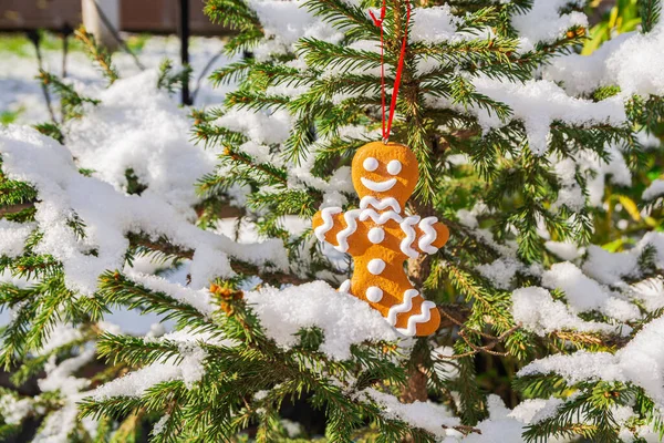 Egy Mézeskalács Alakú Karácsonyfa Játék Díszíti Zöld Karácsonyfát Amelyet Borít — Stock Fotó