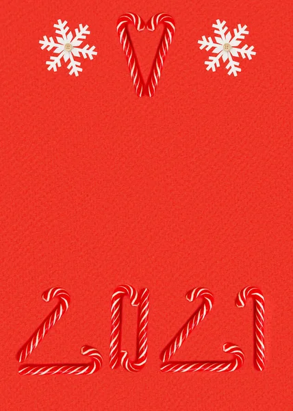 Christmas Red Background Snowflakes Candy Canes Shape 2021 Flat Lay — Stock Photo, Image