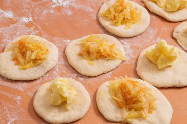 Rus turtaları ham hamur ve dolgu malzemesinden yapılmış bu küçük gözlemelerden oluşacak. Ev yapımı pişirme..