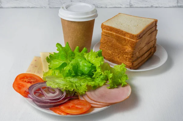 Чашка Кави Хліба Інгредієнтів Бутербродів Концепція Фаст Фуду — стокове фото