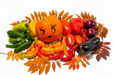 Bir kadın yüzüne sahip balkabağı ve beyaz bir arka planda çok renkli sebzeler ve kuru yapraklar..