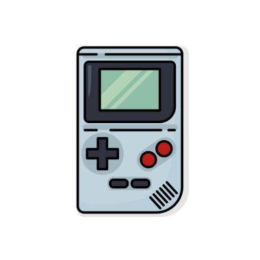 Gameboy 'un askere alınması. Eski oyun konsolu. Beyazda izole edilmiş renkli Gameboy simgesi