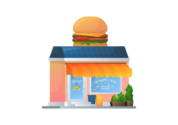 Burger Café Exterior Plana Ilustração Conceito Restaurante Hambúrguer Brilhante Isolado — Vetor de Stock