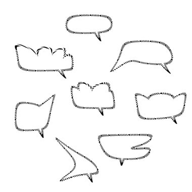 Konuşma baloncukları. Çizgi film Vektör illüstrasyonu. Şeffaf beyaz arka planda izole edilmiş. El çizim biçimi, diyalog siyah ve beyaz bulutlar.