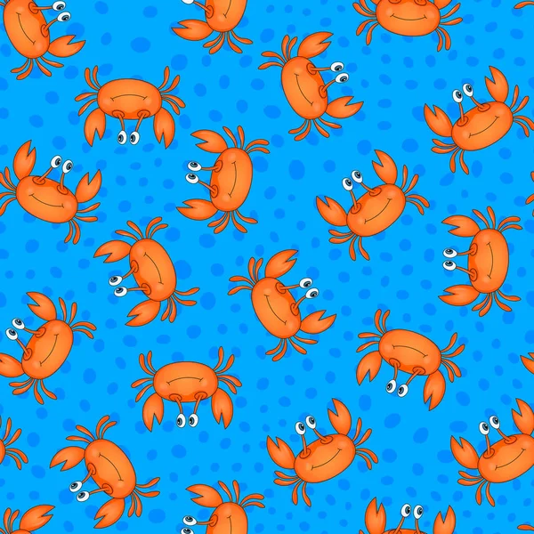 ブルーを基調に可愛いオレンジ色のカニとのシームレスなパターン ベクター動物カラフルなイラスト カード 幼稚園のための愛らしいキャラクター 漫画風 — ストックベクタ
