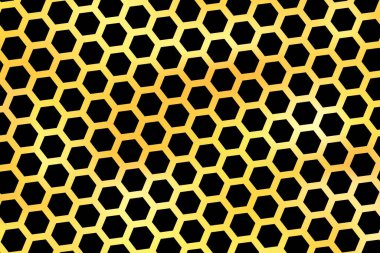 Bal peteği şekilli altın arkaplan. Vektör çizimi. Simli siyah desenli. Davetiye, poster, kart, pankart, duyurular ve diğerleri için şablon dokusu. Doodle tarzı.