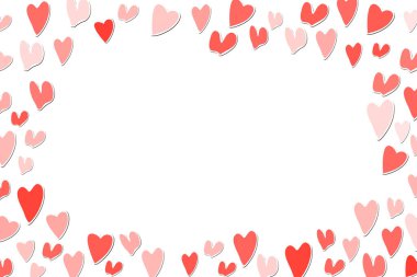 Kare çerçeveli pembe kalpler. Şablon tatil sınırı, vektör çizimi. Kart, kartpostal, poster, baskı, pankart için tasarım. Beyaz arkaplanda renkli kalpler.