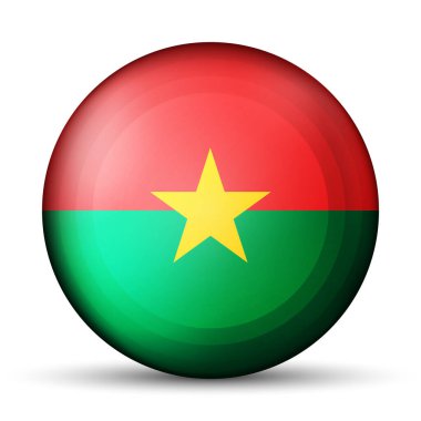 Burkina Faso bayraklı cam top. Yuvarlak küre, şablon simgesi. Ulusal sembol. Parlak gerçekçi top, beyaz arkaplanda işaretlenmiş üç boyutlu soyut vektör çizimi. Büyük kabarcık.