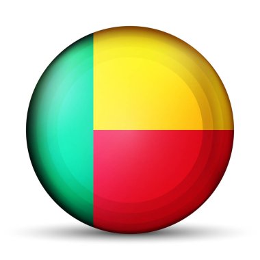 Benin bayrağıyla birlikte cam ışıklı top. Yuvarlak küre, şablon simgesi. Ulusal sembol. Parlak gerçekçi top, beyaz arkaplanda işaretlenmiş üç boyutlu soyut vektör çizimi. Büyük kabarcık.