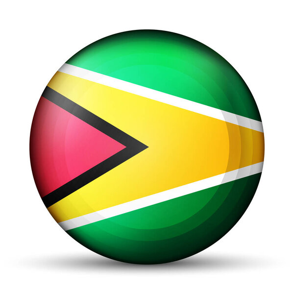 Glass light ball with flag of Guyana. Round sphere, template icon. National symbol. Glossy realistic ball, 3D abstract vector illustration highlighted on a white background. Big bubble.