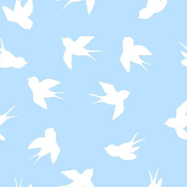 Nahtloses Muster mit weißer Schwalbensilhouette auf blauem Hintergrund. Netter Vogel im Flug. Vektorillustration. Doodle-Stil. Entwurf für Einladung, Plakat, Karte, Stoff, Textil — Stockvektor
