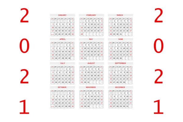 2021年カレンダープランナー。１週間だ。テンプレートのレイアウト、 12ヶ月、毎年、白の背景。ビジネスパンフレット、チラシ、印刷メディア、広告のためのシンプルなデザイン。週は日曜日から始まります。A4サイズ. — ストックベクタ