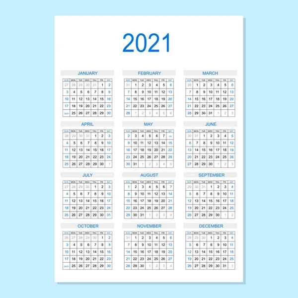 Planificador de calendario 2021. Semana corporativa. Plantilla de diseño, 12 meses anuales, fondo blanco. Diseño simple para folleto de negocios, volante, medios impresos, publicidad. La semana comienza el domingo. Tamaño A4. — Vector de stock