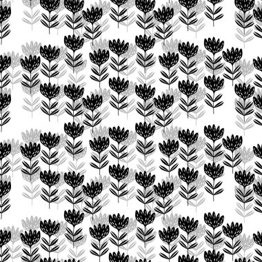 Geleneksel halk sanatları süslerine dayanan kusursuz çiçek desenleri. Beyaz arka planda siyah çiçekler. İskandinav tarzı. İsveç İskandinav tarzı. Kumaş, tekstil, duvar kağıdı için vektör illüstrasyonu.