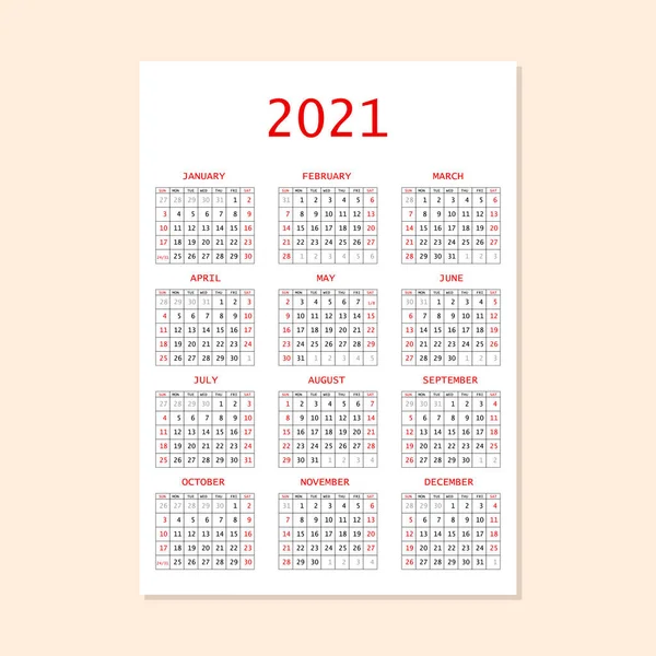 Planificador de calendario 2021. Semana corporativa. Plantilla de diseño, 12 meses anuales, fondo blanco. Diseño simple para folleto de negocios, volante, medios impresos, publicidad. La semana comienza el domingo. Tamaño A4 — Vector de stock