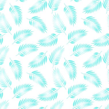 Beyaz arka planda renkli egzotik yaprakları olan dikişsiz çiçek deseni. Tropik mavi dallar. Duvar kağıdı, poster, kart, kumaş ve tekstil için moda vektör stoku çizimi.