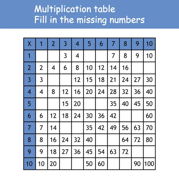 Plaza de multiplicación. Pega los números que faltan. Ilustración de vectores escolares con cubos de colores. Tabla de multiplicación. Cartel para la educación de los niños. Matemáticas niño tarjeta. — Archivo Imágenes Vectoriales