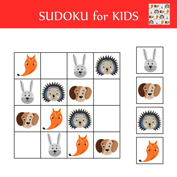 Resimli çocuklar için sudoku oyunu. Mantıklı çocukların faaliyet listesi. Renkli şirin hayvanlar. Çocuklar için eğitim kartı. Matematik çocuk posteri. Okul vektör illüstrasyonu.