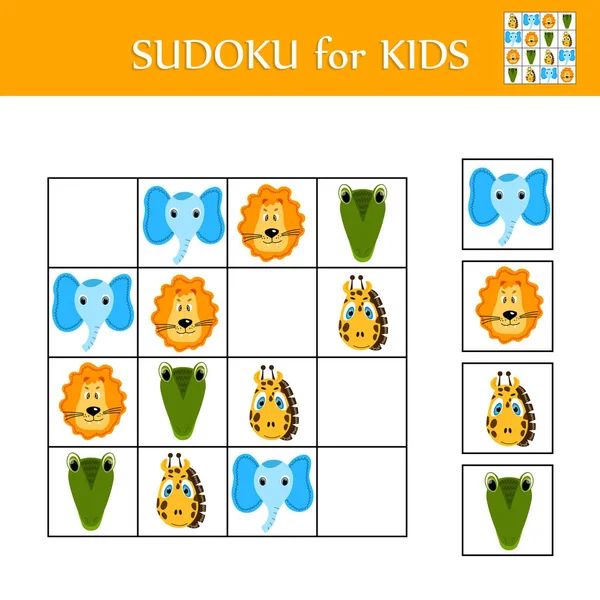 Resimli çocuklar için sudoku oyunu. Mantıklı çocukların faaliyet listesi. Renkli şirin hayvanlar. Çocuklar için eğitim kartı. Matematik çocuk posteri. Okul vektör illüstrasyonu.