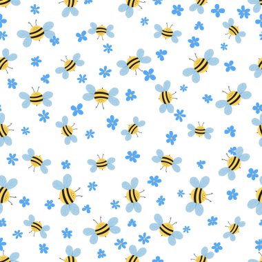 Beyaz arka planda arılar ve çiçekler olan kusursuz bir desen. Tatlı çizgi film eşekarısı karakterleri. Davetiye, kart, tekstil, kumaş için şablon tasarımı. Doodle tarzı. Vektör stok illüstrasyonu.