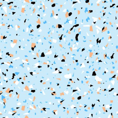 Geometrik mavi terrazzo pürüzsüz desen. Soyut renkli modern arka plan. İnternet ve baskı için taş tasarımı. Venedik fayansları, döşeme dekorları. Kaotik pastel doku.