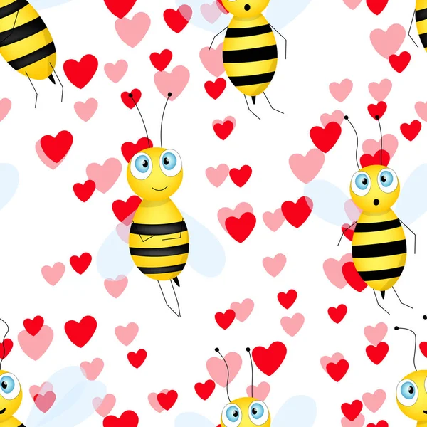 无缝隙图案，蜜蜂和心脏的白色背景。小黄蜂。矢量图解。可敬的卡通人物请帖、卡片、纺织品、面料模板设计.涂鸦风格. — 图库矢量图片