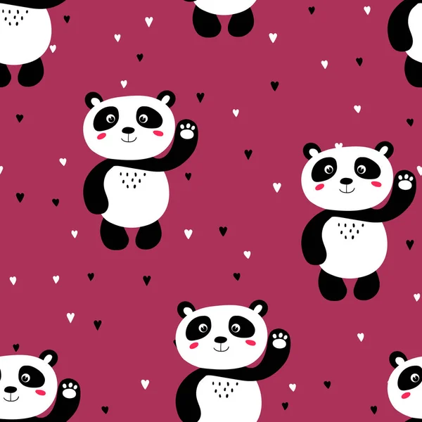 Безглазый узор с симпатичным детенышем панды на цветном фоне. Смешные азиатские животные. Открытки, открытки для детей. Плоская векторная иллюстрация для ткани, текстиля, обоев, плаката, подарочной оберточной бумаги. — стоковый вектор