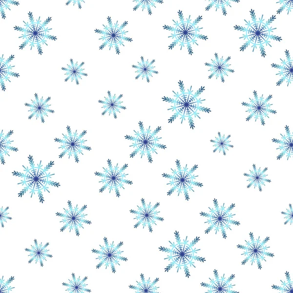 하얀 배경에 다양 한 빛깔의 눈송이가 달린 겨울 솔기없는 무늬가 있다. 벡터 삽화, 직물 벽지, 포스터, 선물 포장지등 이 있습니다. 크리스마스 벡터 삽화. — 스톡 벡터