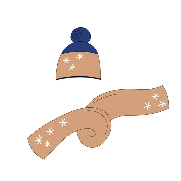 Set con accessori invernali: cappello e sciarpa. Carino vettore inverno caldo maglia collezione di vestiti in stile cartone animato. Illustrazione vettoriale di Natale. Design del modello per carta, cartolina, stampa. — Vettoriale Stock