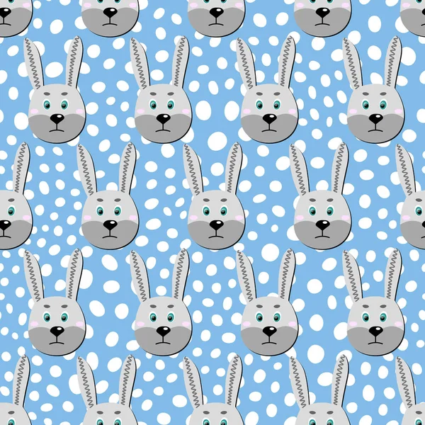 Vector flat animals colorful illustration for kids. Seamless pattern with cute hare face on blue polka dots background. Adorable cartoon character. Design for card, poster, fabric, textile. Rabbit. — Stock Vector