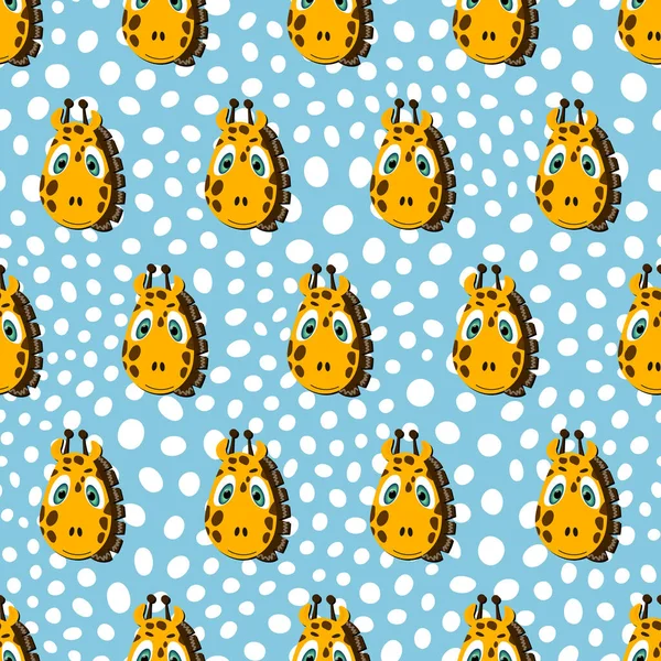 Vektorové ploché zvířata barevné ilustrace pro děti. Bezešvé vzor s roztomilou žirafou tvář na modrém polka tečky pozadí. Rozkošná kreslená postava. Design pro pohlednice, plakáty, textilie, textil. — Stockový vektor